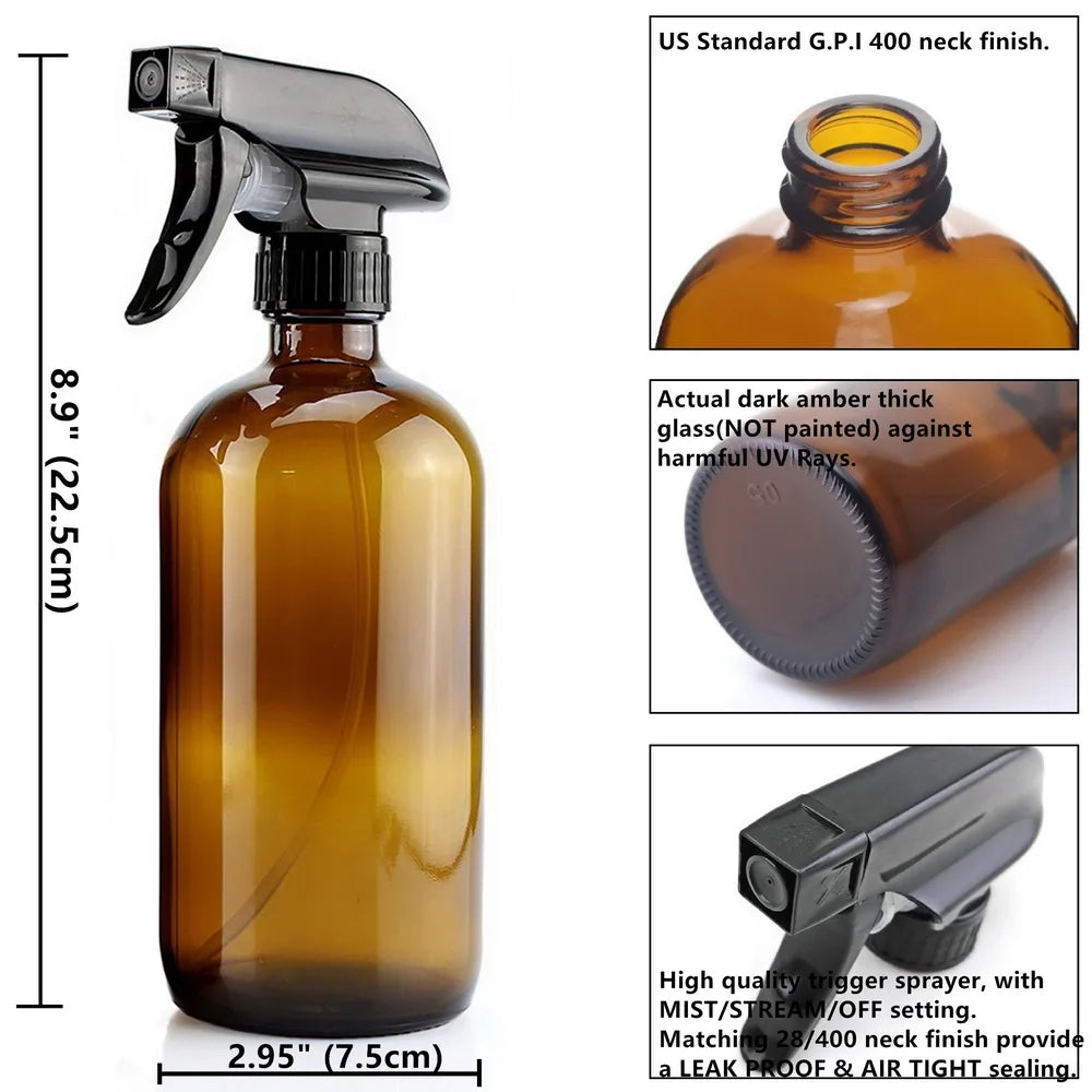 500ml Empty Spray Bottle, Amber Glass Container with Black Trigger Sprayer Labels for Hair Essential Oils Cleaning, 16 Oz 2 Pack