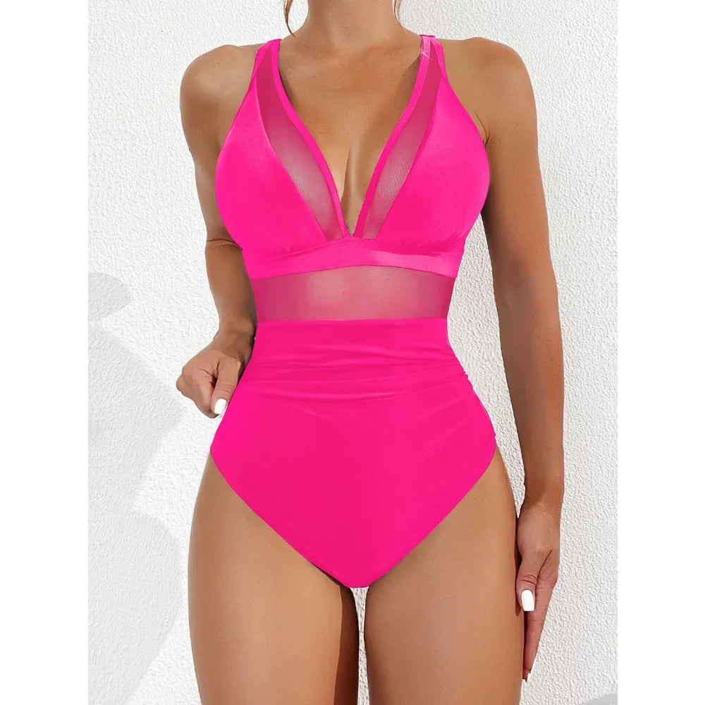 Solid One-piece Swimsuit Women Deep V-neck Removable Bra Plain Monokinis 2024 New Summer Beach Swimwear  Swimsuit Female