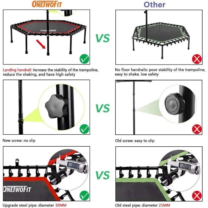 48" Silent Mini Trampoline with Adjustable Handle Bar Fitness Trampoline Bungee Rebounder Jumping Cardio