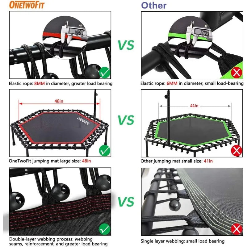 48" Silent Mini Trampoline with Adjustable Handle Bar Fitness Trampoline Bungee Rebounder Jumping Cardio