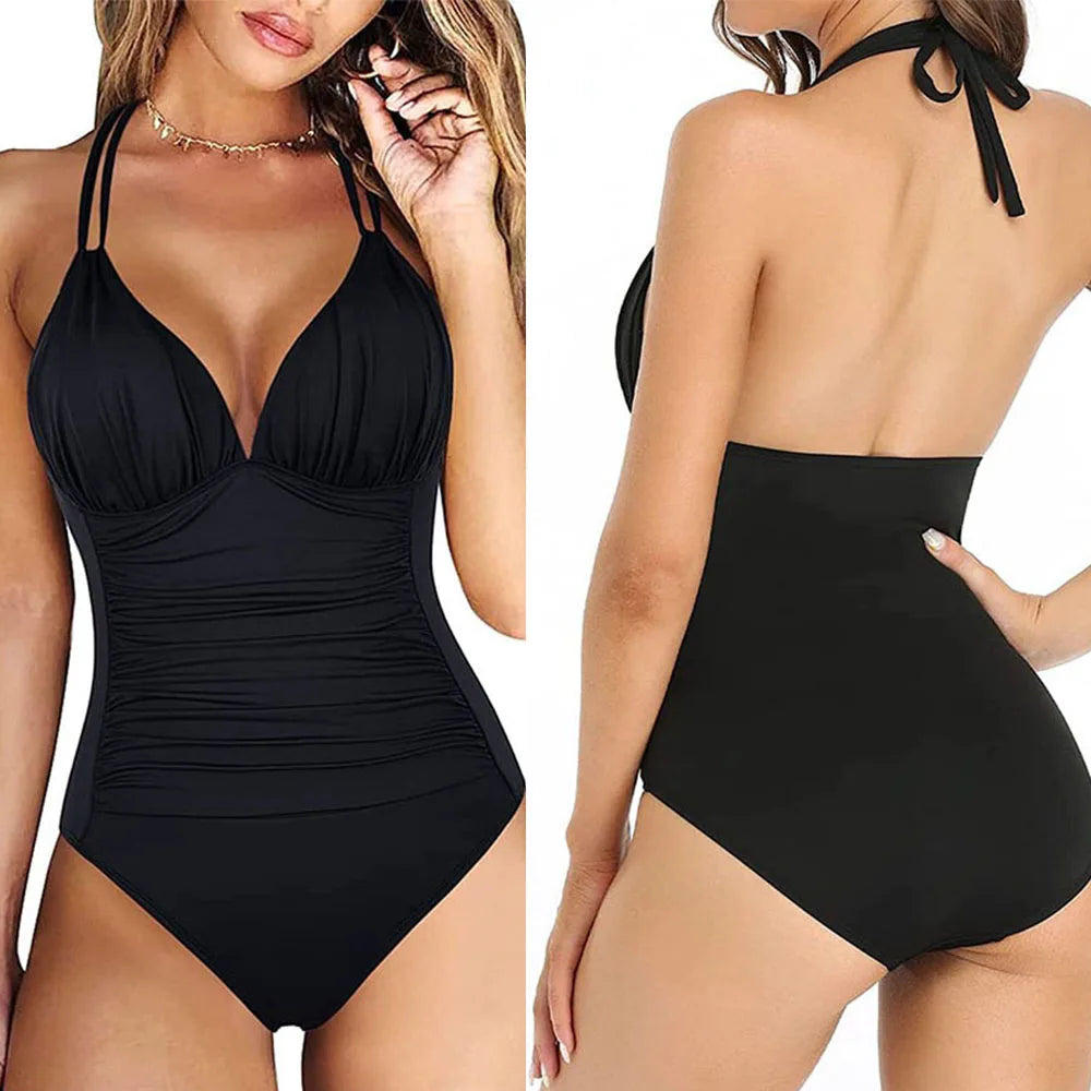 Push Up Women Swimsuits Solid One Piece Swimwear Halter Backless