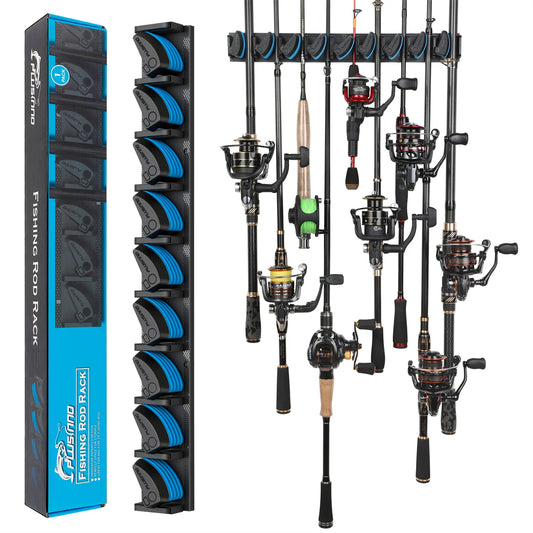 PLUSINNO Vertical Wall Mounted Fishing Rod Holder. Pole Rack Holds Up to 9 Rods or Combos