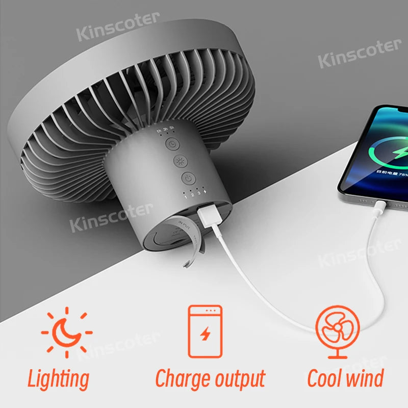 Rechargeable Camping Fan, Portable Desktop Fan, Wireless Ceiling Fan with Power Bank LED Lighting