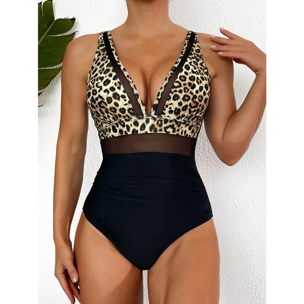 Solid One-piece Swimsuit Women Deep V-neck Removable Bra Plain Monokinis 2024 New Summer Beach Swimwear  Swimsuit Female