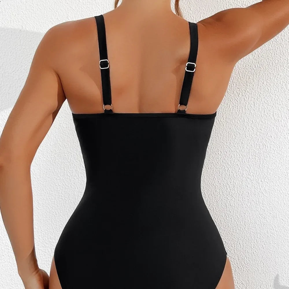 Solid One-piece Swimsuit Women Deep V-neck Removable Bra Plain Monokinis 2024 New Summer Beach Swimwear  Swimsuit Female