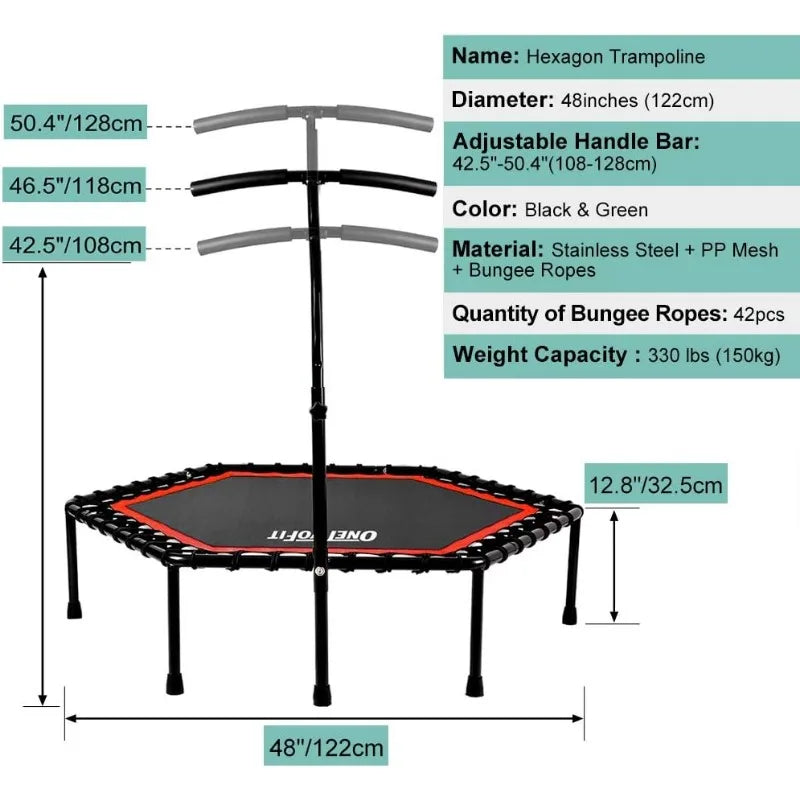 48" Silent Mini Trampoline with Adjustable Handle Bar Fitness Trampoline Bungee Rebounder Jumping Cardio