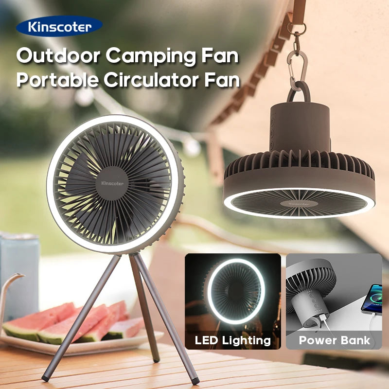 Rechargeable Camping Fan, Portable Desktop Fan, Wireless Ceiling Fan with Power Bank LED Lighting