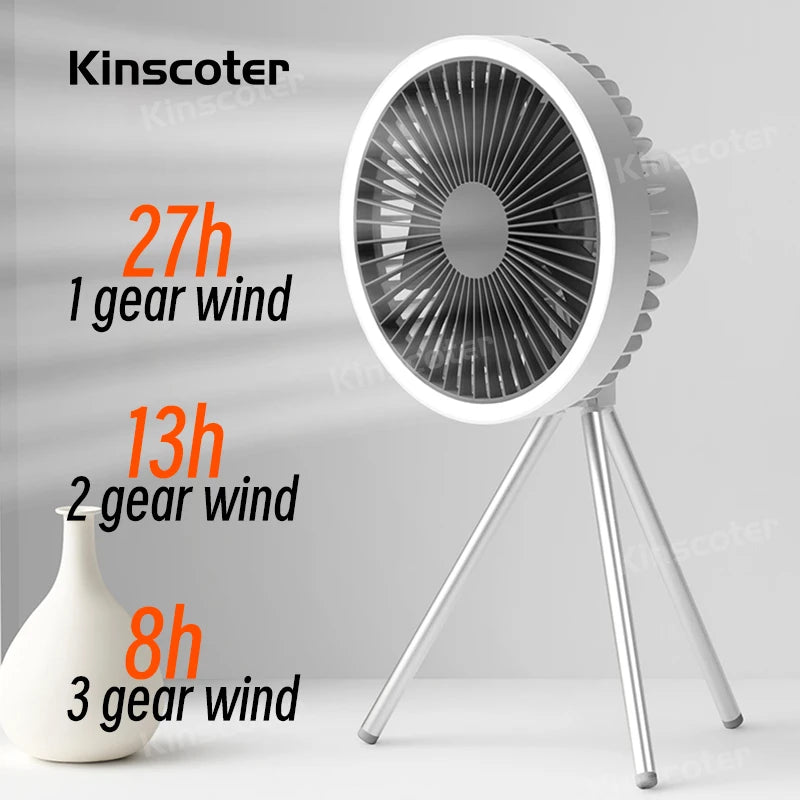 Rechargeable Camping Fan, Portable Desktop Fan, Wireless Ceiling Fan with Power Bank LED Lighting