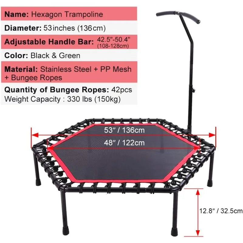 48" Silent Mini Trampoline with Adjustable Handle Bar Fitness Trampoline Bungee Rebounder Jumping Cardio