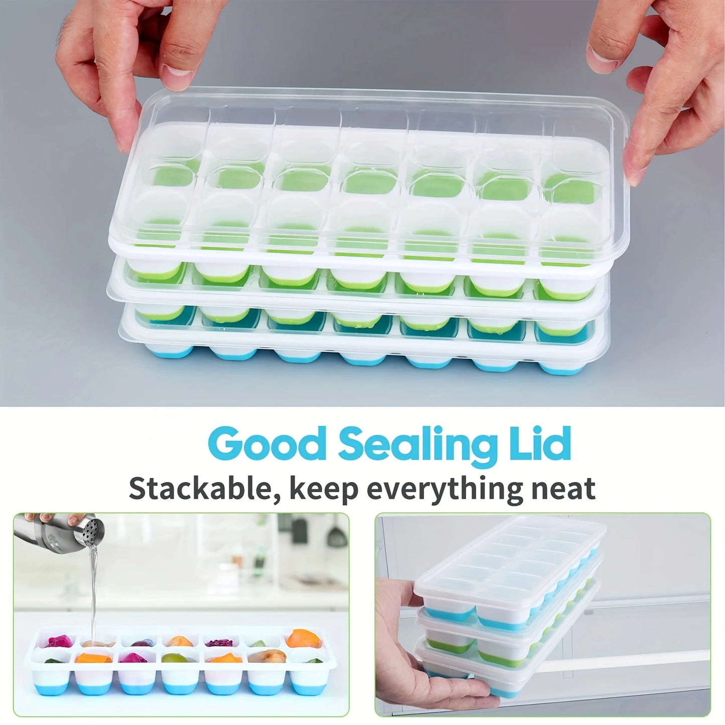 Silicone Ice Cube Mold, Easy-Release & Flexible Mold With Spill-Resistant Removable Lid, Stackable Ice Trays With Covers