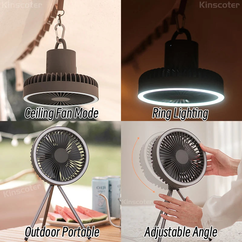 Rechargeable Camping Fan, Portable Desktop Fan, Wireless Ceiling Fan with Power Bank LED Lighting